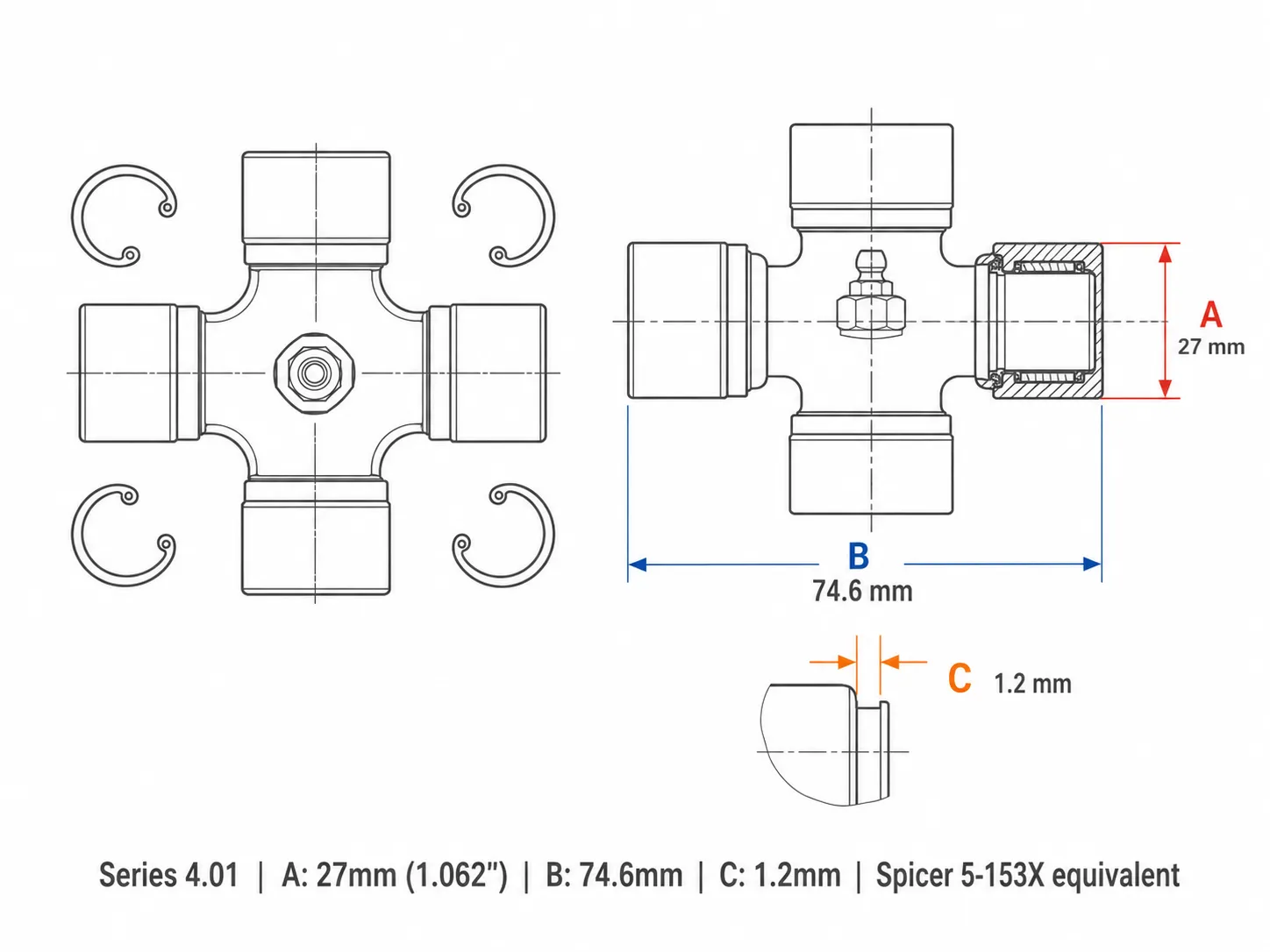 1310 universal joint dimensions diagram &mdash; A=27mm cap OD, B=74.6mm span, C=1.2mm groove