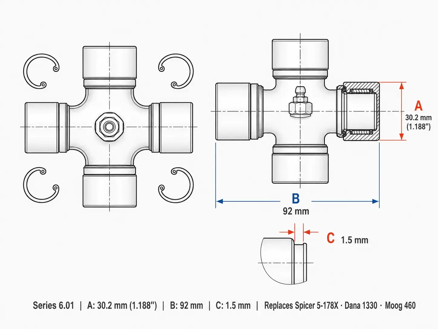 1350 universal joint dimensions diagram &mdash; A=35mm cap OD, B=106.5mm span, C=1.5mm groove