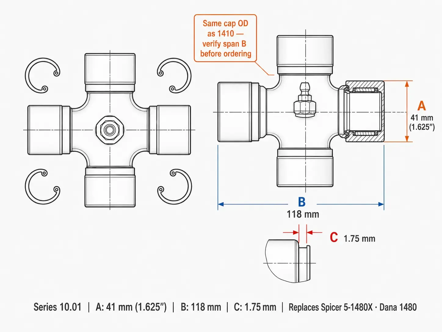 1480 universal joint dimensions diagram &mdash; A=41mm cap OD, B=118mm span, C=1.75mm groove