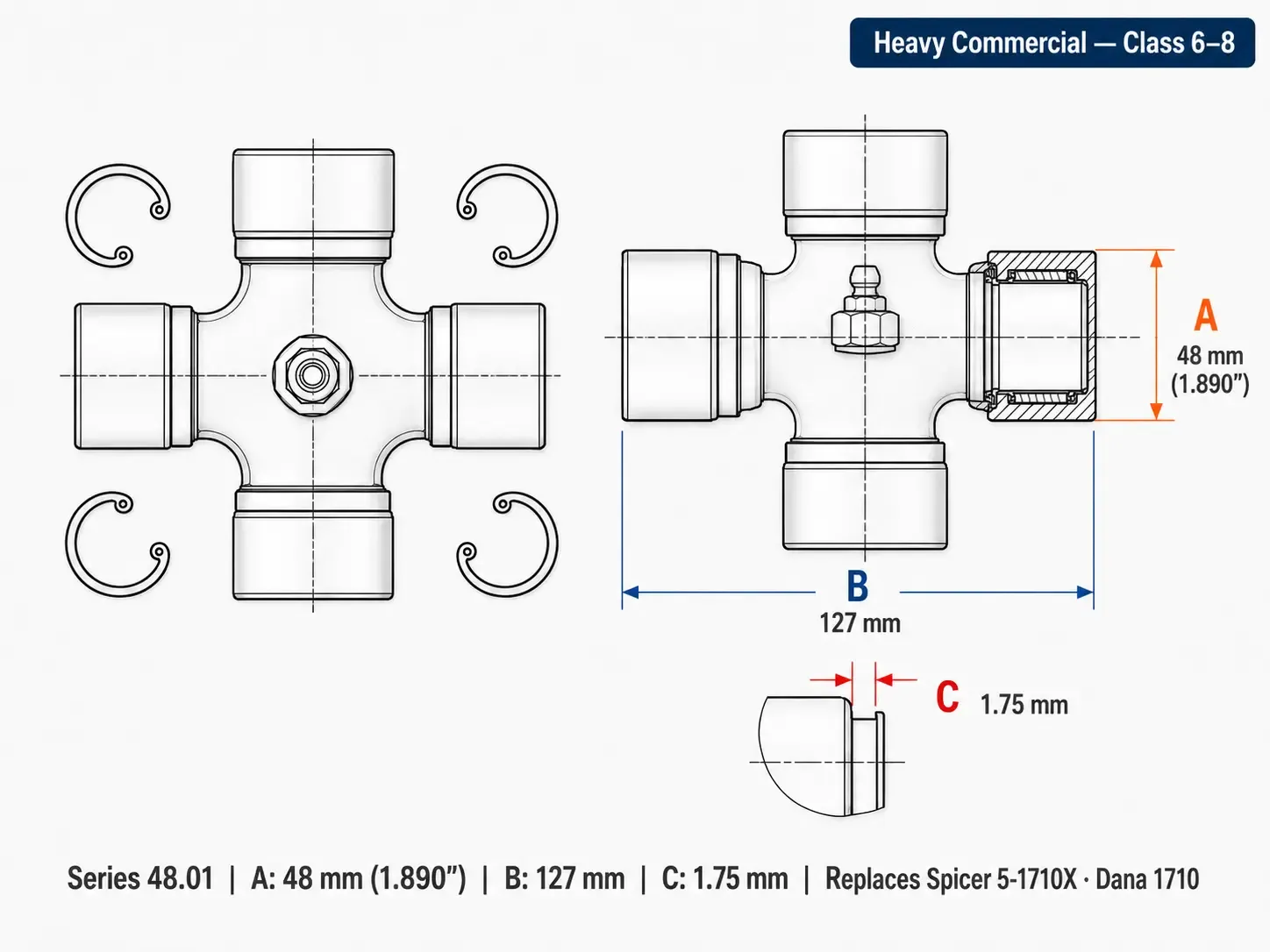 1710 universal joint dimensions diagram &mdash; A=48mm cap OD, B=127mm span, C=1.75mm groove