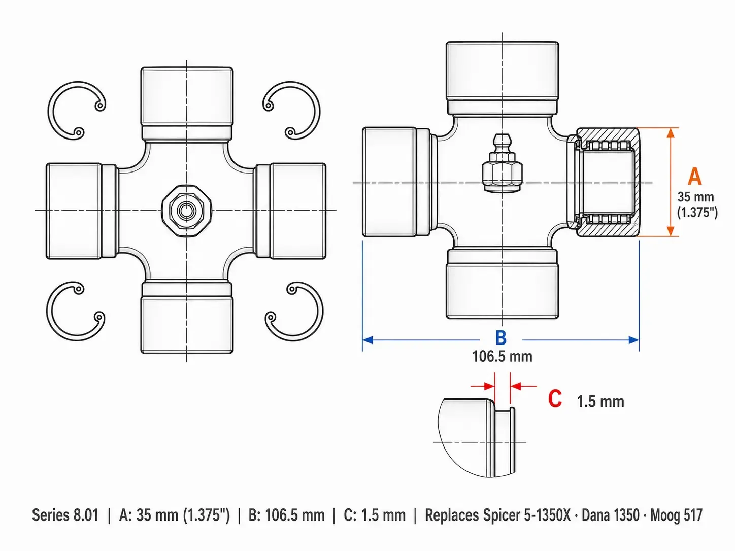 1810 universal joint dimensions diagram &mdash; A=50mm cap OD, B=118mm span, C=2.0mm groove